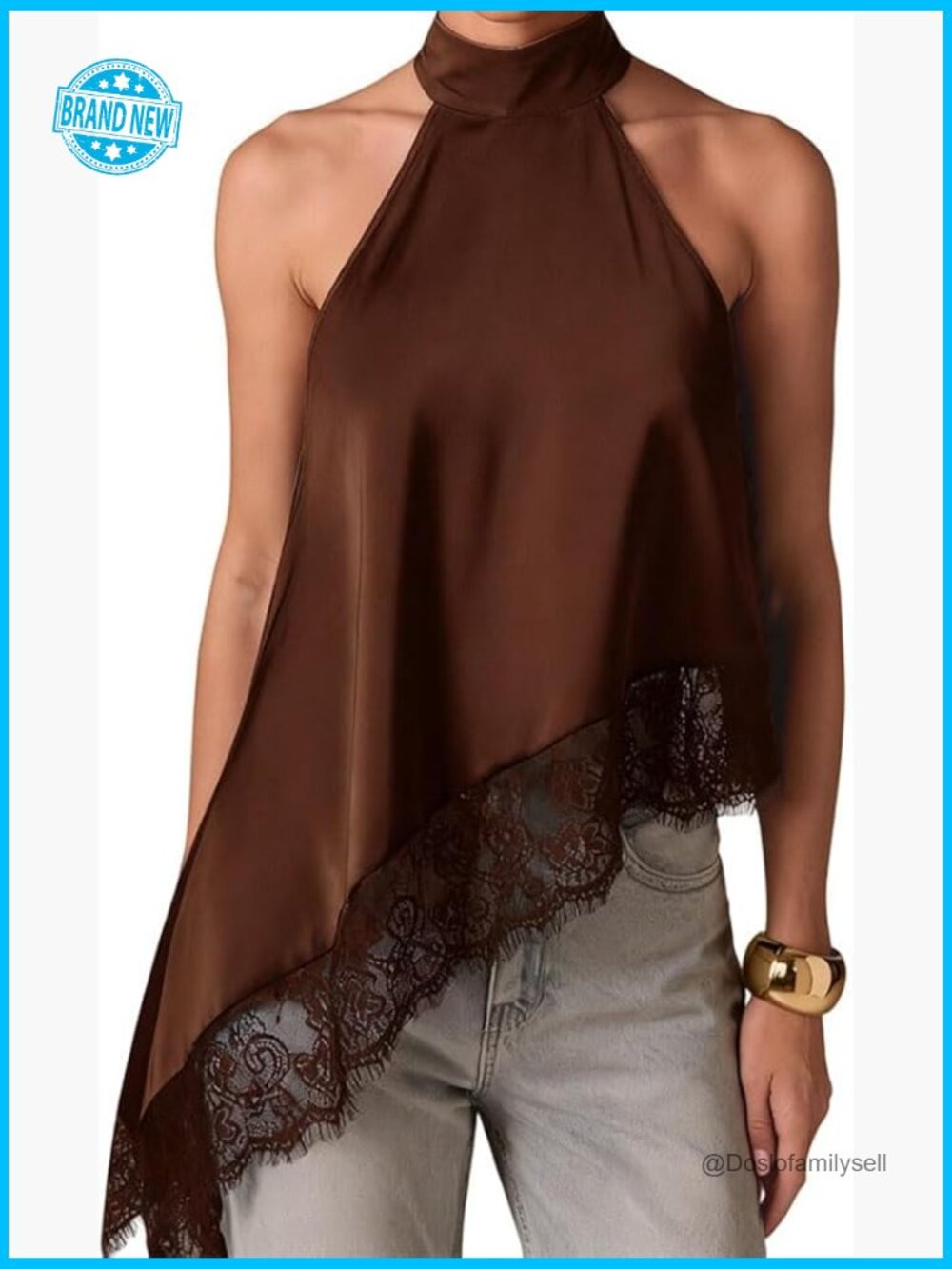 Silk Satin Halter Top Sleeveless Mock Neck Lace Trim Y2K Asymmetric Going Out